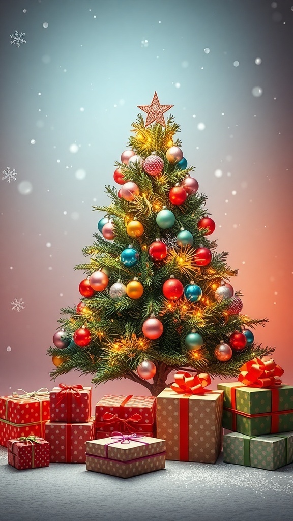 3D Christmas Product Backgrounds 3D Christmas background with a decorated tree, gifts, and falling snowflakes.